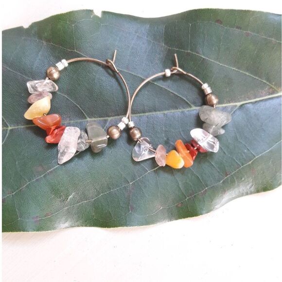 boho earrings 374#mfs Agate gemstone hoop earrings and Quartz gemstone chip mix - Picture 2 of 5